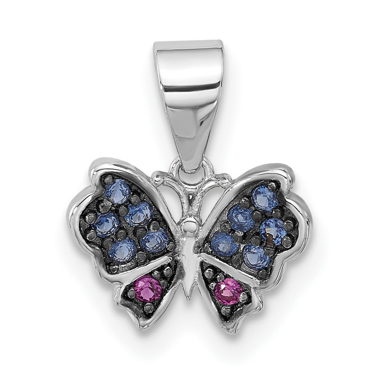 Sterling Silver Butterfly Pendant with Blue Crystal and Lab Created Ruby, Nature Inspired Jewelry