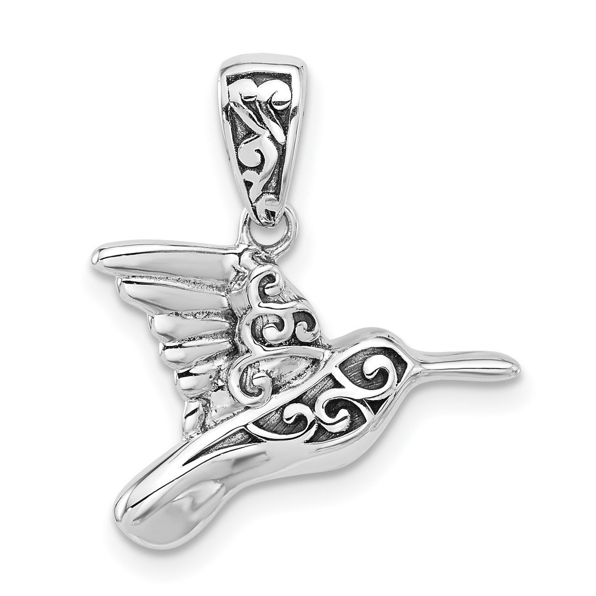 Sterling Silver Hummingbird Pendant with Filigree Scrollwork, Symbol of Joy and Freedom