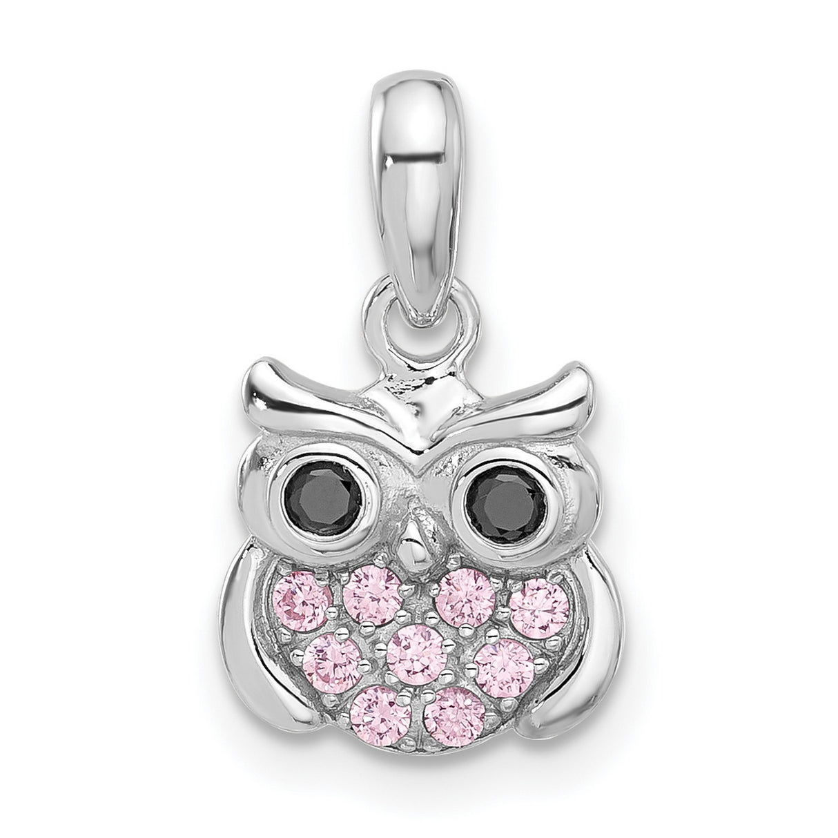 Sterling Silver Owl Pendant with Cubic Zirconia Eyes and Pink Gemstone Belly, Whimsical Animal Design