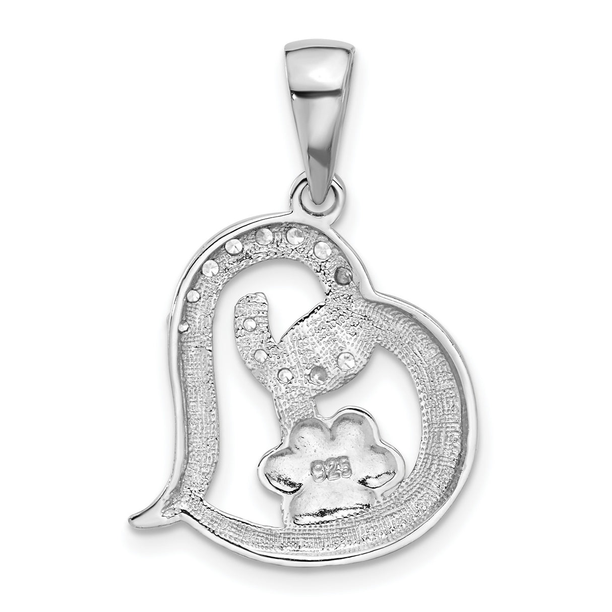 Sterling Silver Heart Pendant with Cubic Zirconia, Black Enamel Paw Print, Pet Memorial Jewelry