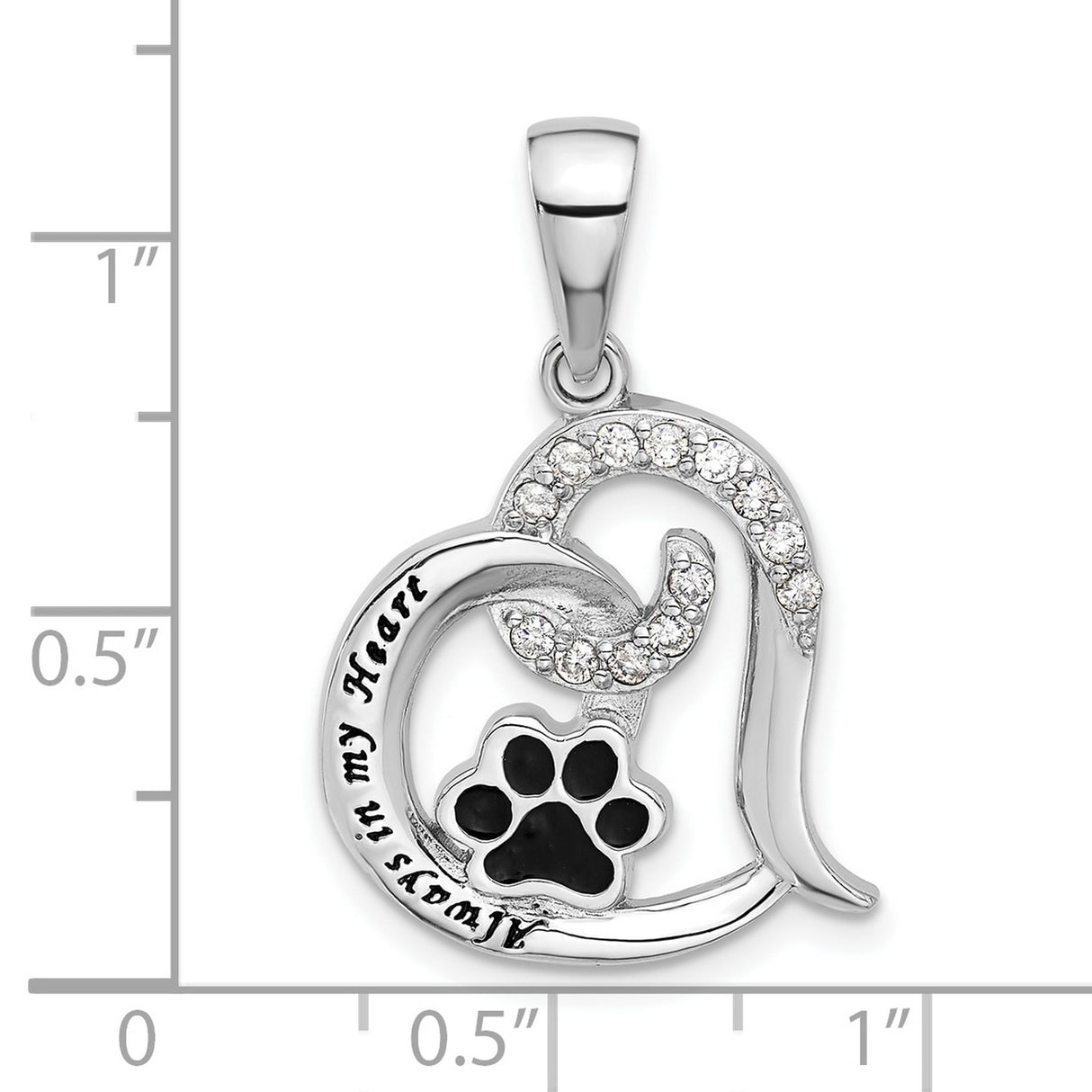 Sterling Silver Heart Pendant with Cubic Zirconia, Black Enamel Paw Print, Pet Memorial Jewelry