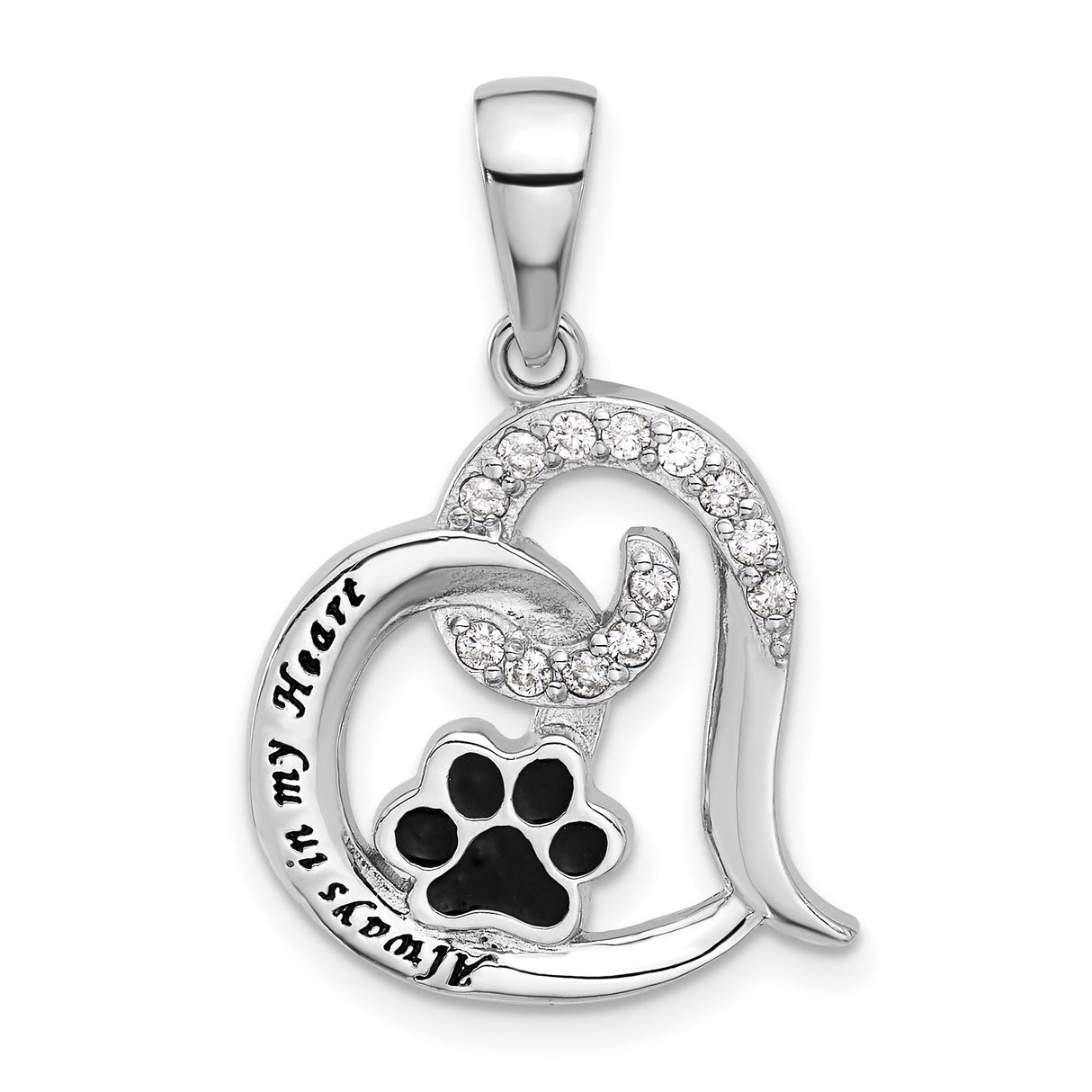 Sterling Silver Heart Pendant with Cubic Zirconia, Black Enamel Paw Print, Pet Memorial Jewelry