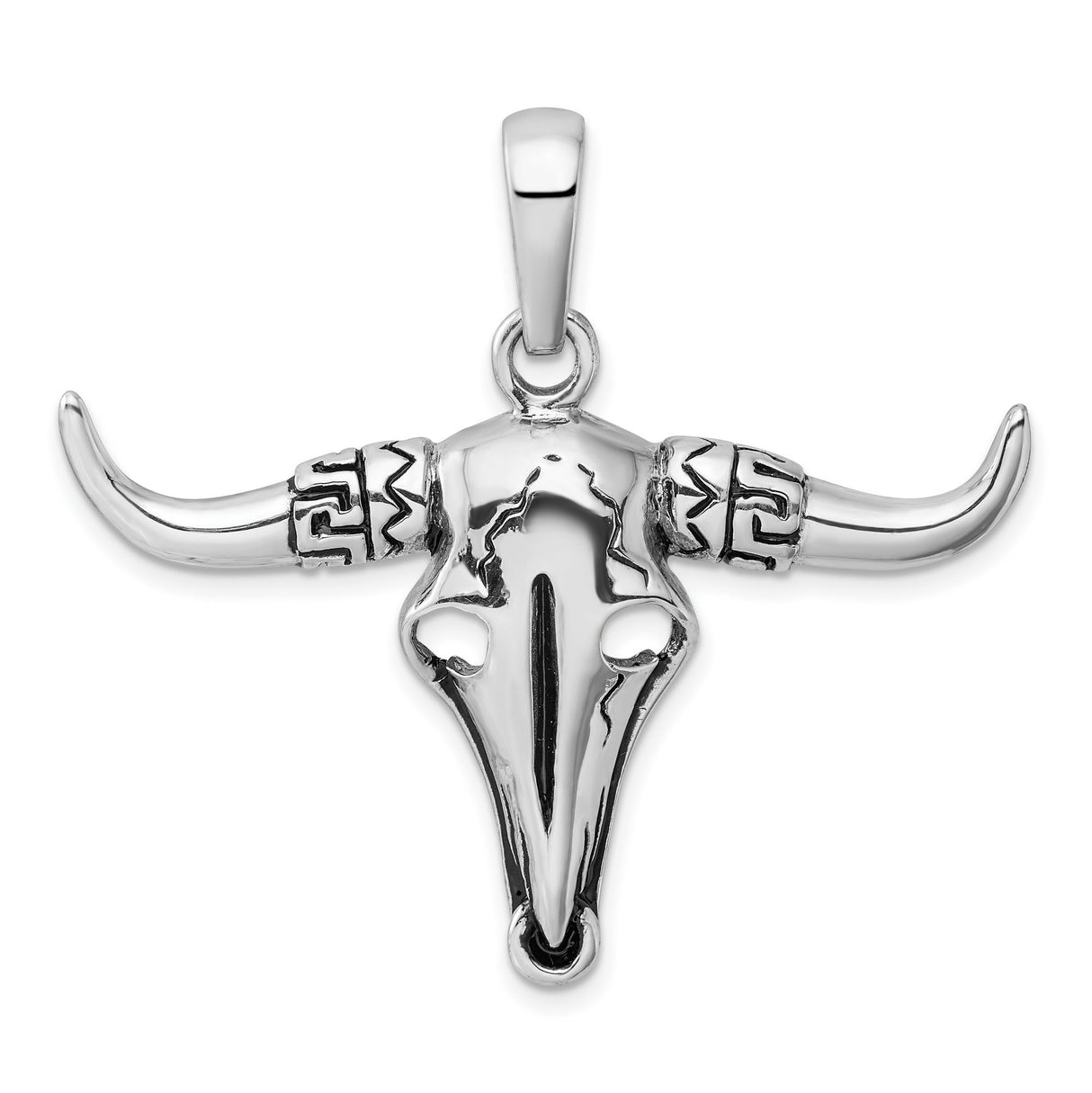 Sterling Silver Bull Skull Pendant with Tribal Horns, Southwestern Biker Style Amulet