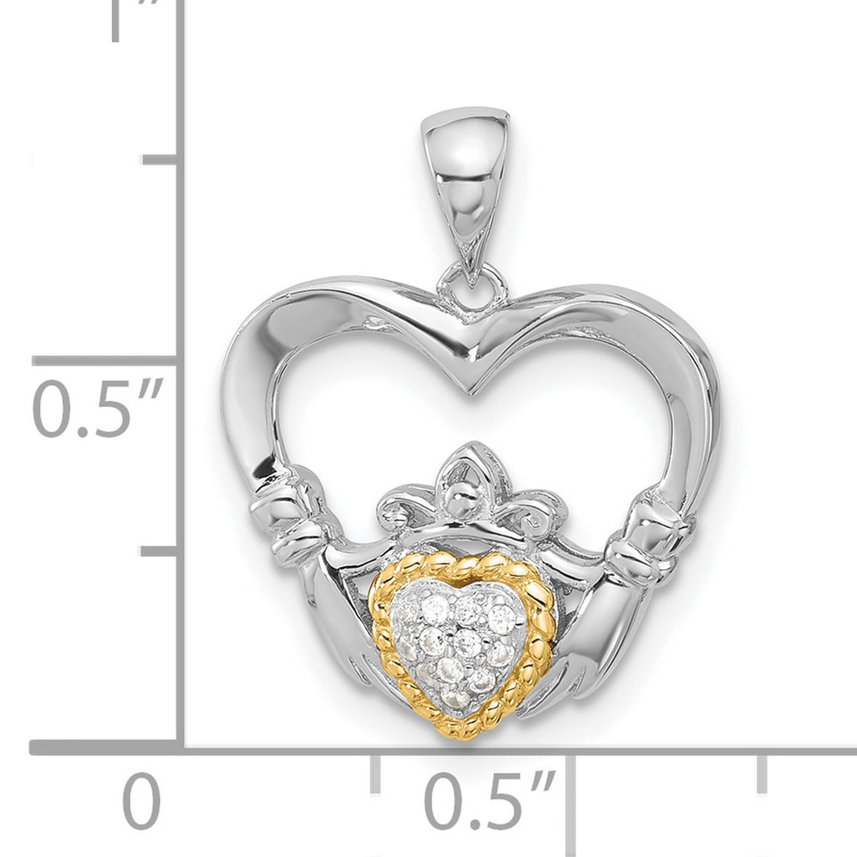 CZ Heart Claddagh Charm Pendant in Real 925 Sterling Silver