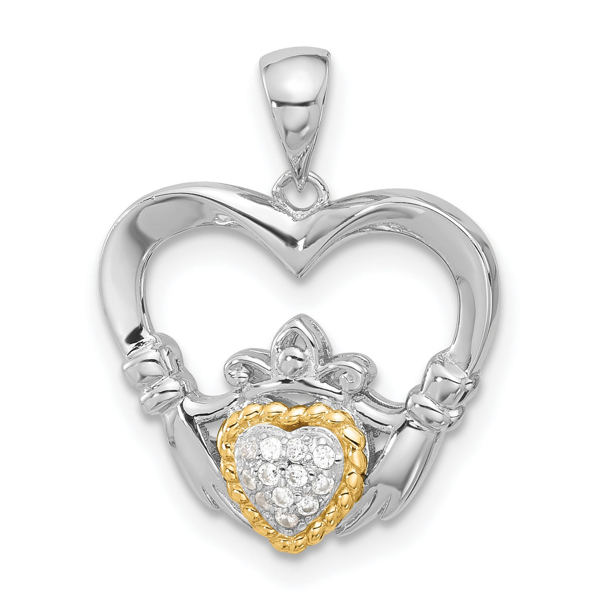 CZ Heart Claddagh Charm Pendant in Real 925 Sterling Silver