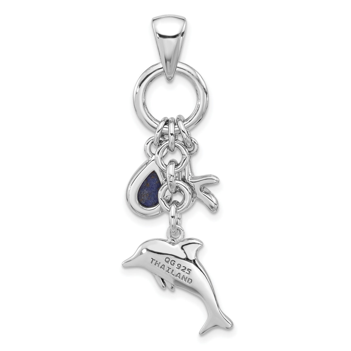 Sterling Silver Dolphin and Starfish Pendant with Lapis Teardrop, Ocean-Inspired Design