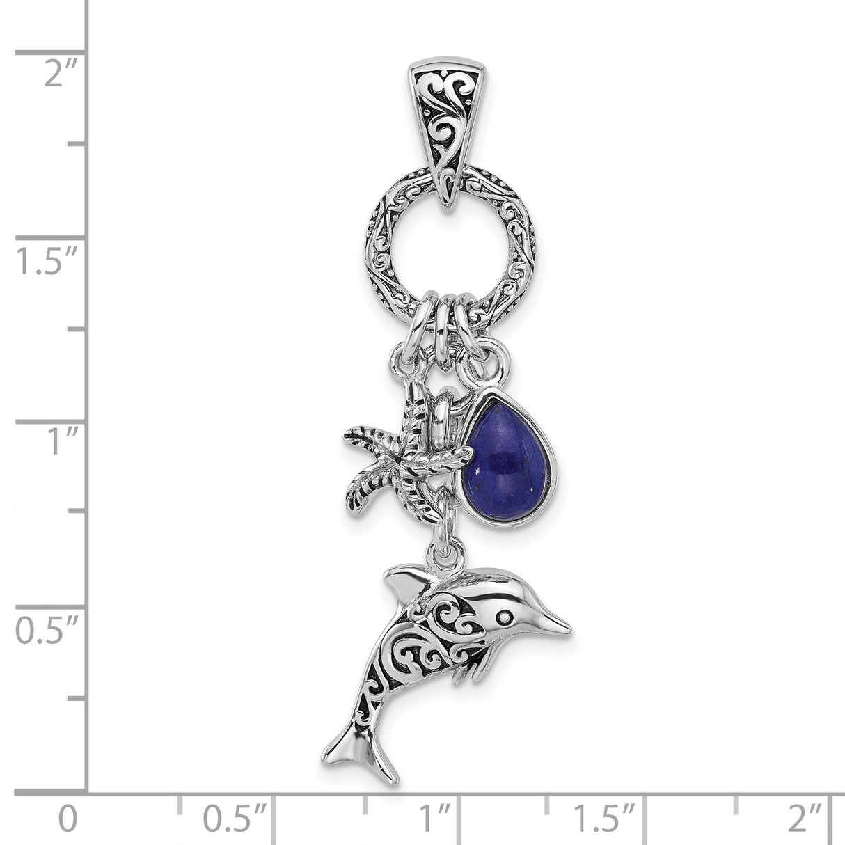 Sterling Silver Dolphin and Starfish Pendant with Lapis Teardrop, Ocean-Inspired Design