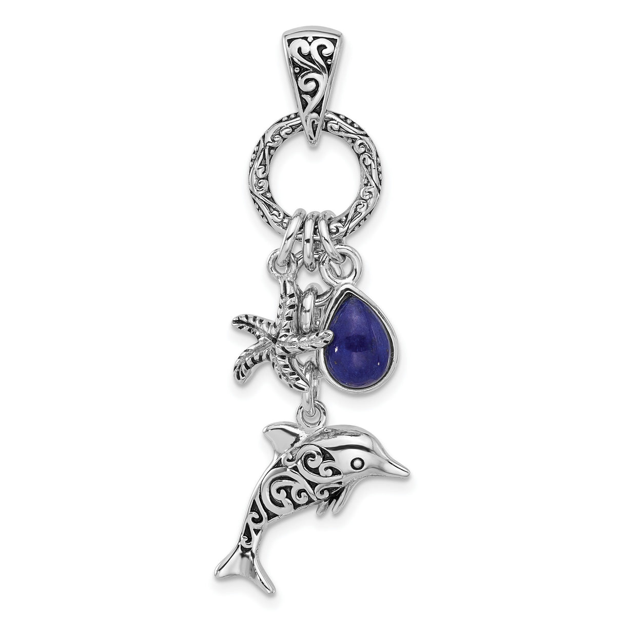 Sterling Silver Dolphin and Starfish Pendant with Lapis Teardrop, Ocean-Inspired Design