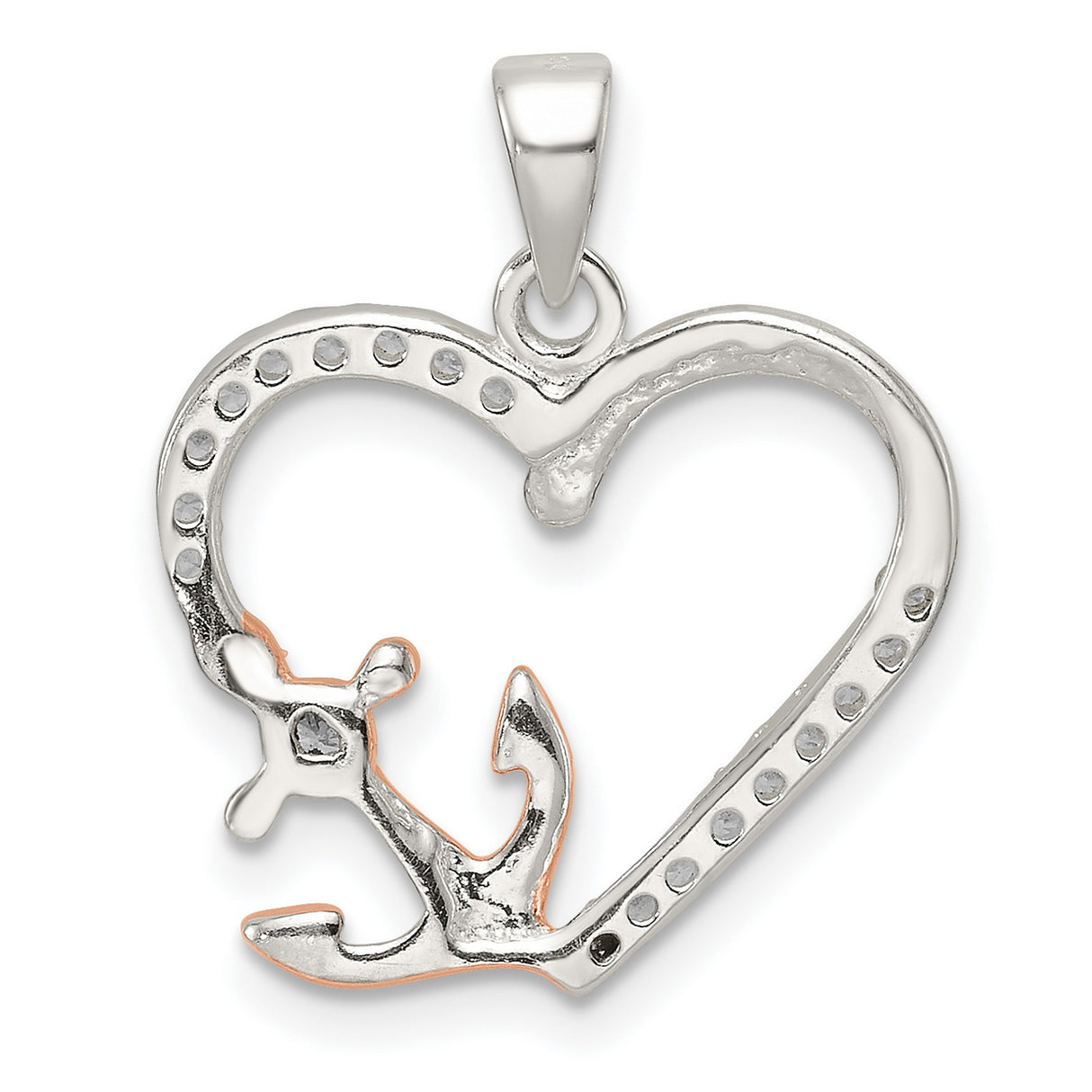 Sterling Silver Anchor Heart Pendant with Cubic Zirconia and Rose Gold Accents, Nautical Christian Jewelry