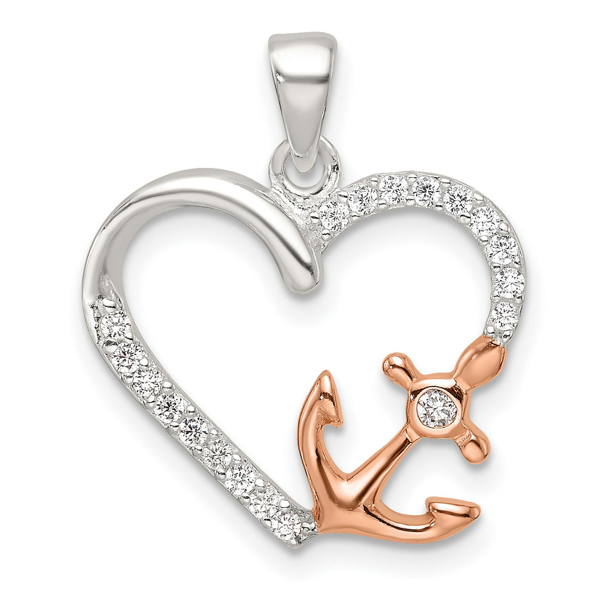 Sterling Silver Anchor Heart Pendant with Cubic Zirconia and Rose Gold Accents, Nautical Christian Jewelry