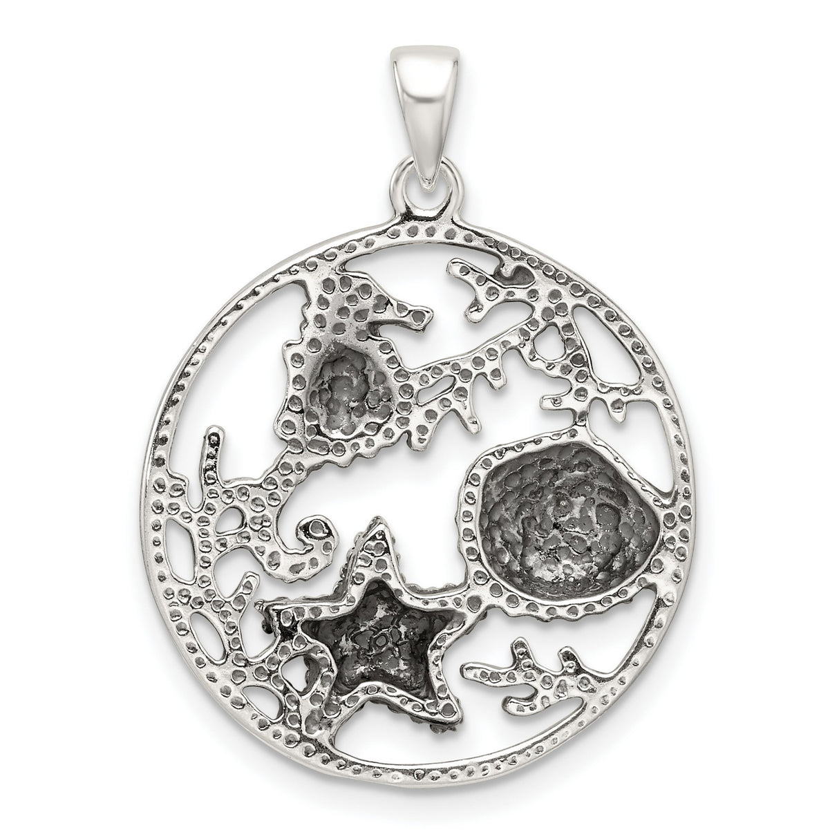 Sterling Silver Ocean Life Pendant with Seahorse, Starfish, Seashell, and Coral