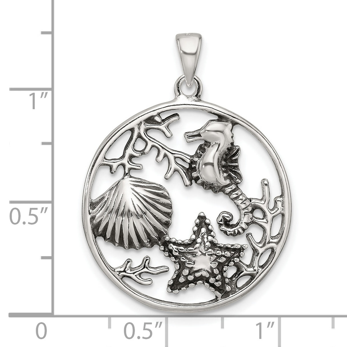 Sterling Silver Ocean Life Pendant with Seahorse, Starfish, Seashell, and Coral