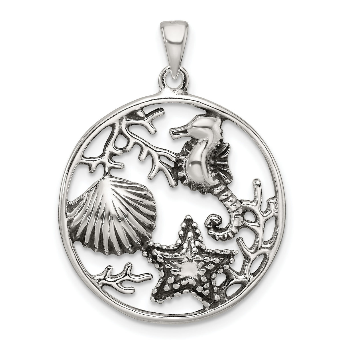 Sterling Silver Ocean Life Pendant with Seahorse, Starfish, Seashell, and Coral