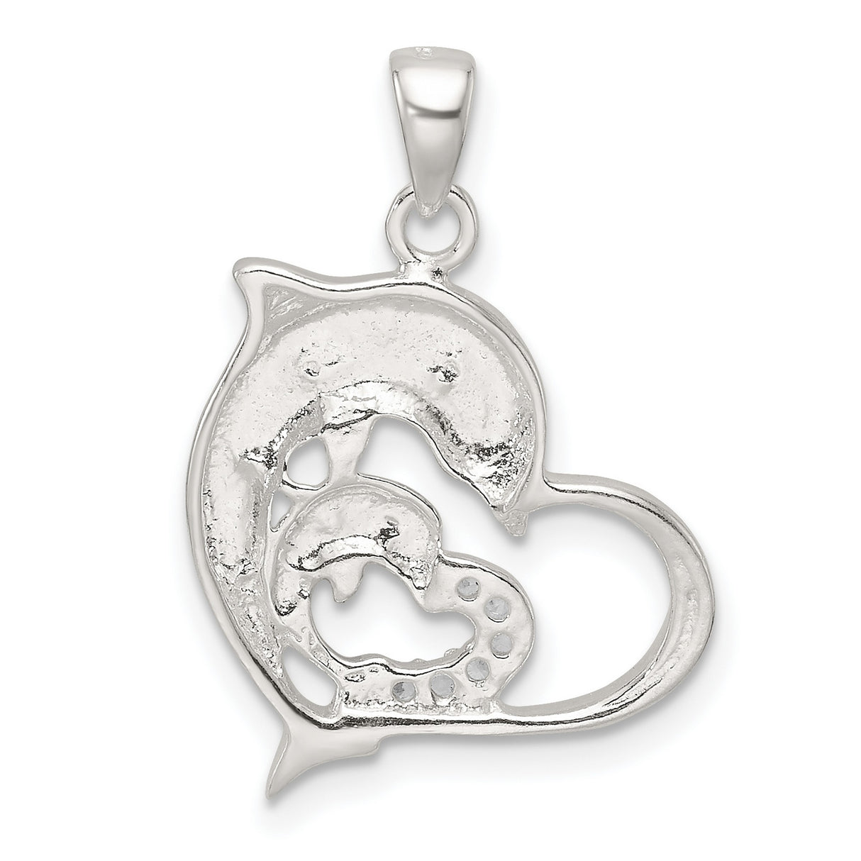 Sterling Silver Dolphin Pendant with Cubic Zirconia, Heart Shape and Rose Gold Tone Accents