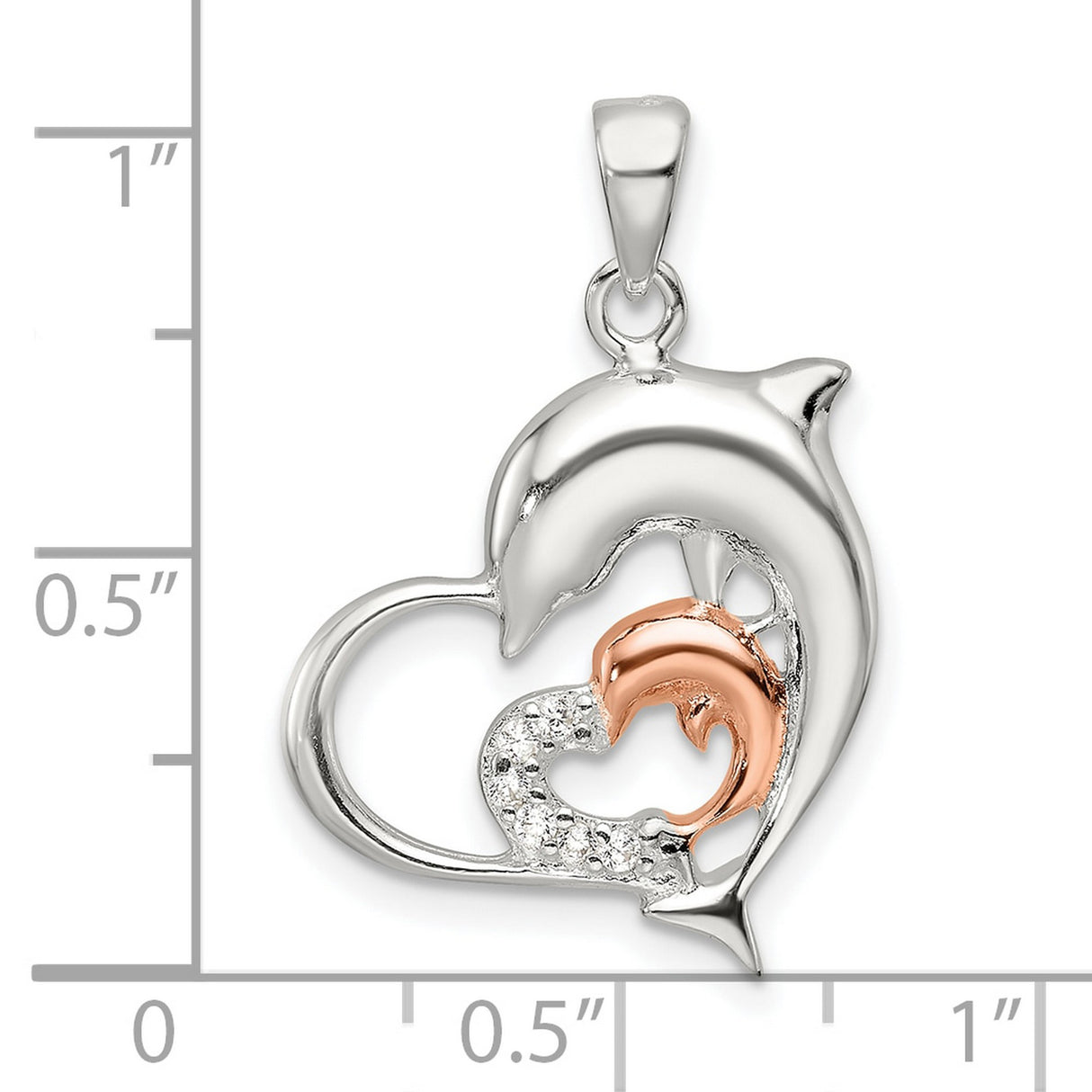 Sterling Silver Dolphin Pendant with Cubic Zirconia, Heart Shape and Rose Gold Tone Accents