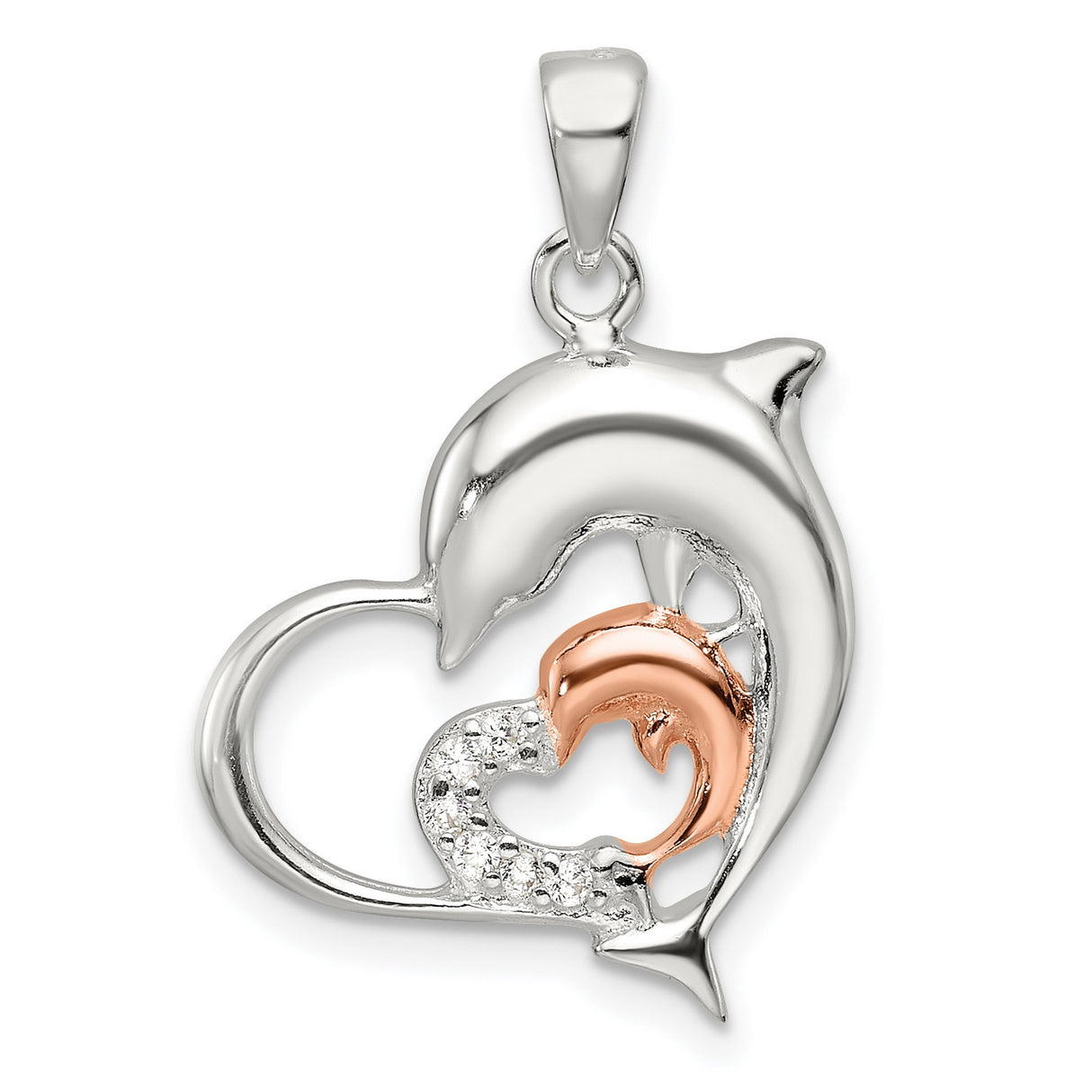 Sterling Silver Dolphin Pendant with Cubic Zirconia, Heart Shape and Rose Gold Tone Accents