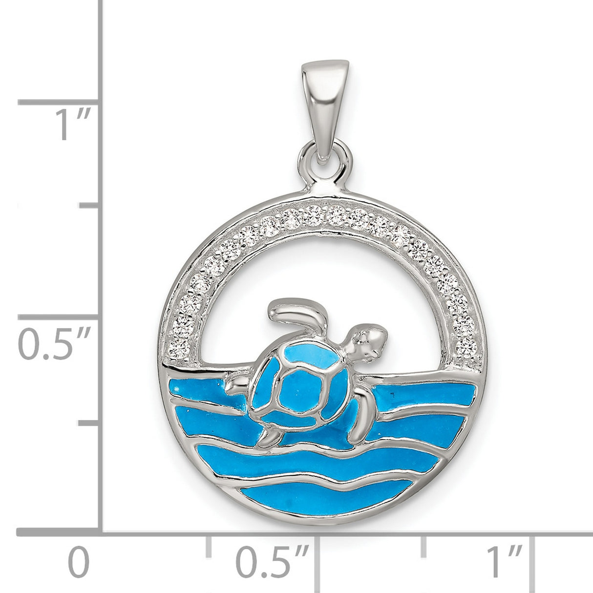 Sterling Silver Sea Turtle Pendant with Cubic Zirconia and Blue Enamel Wave Design