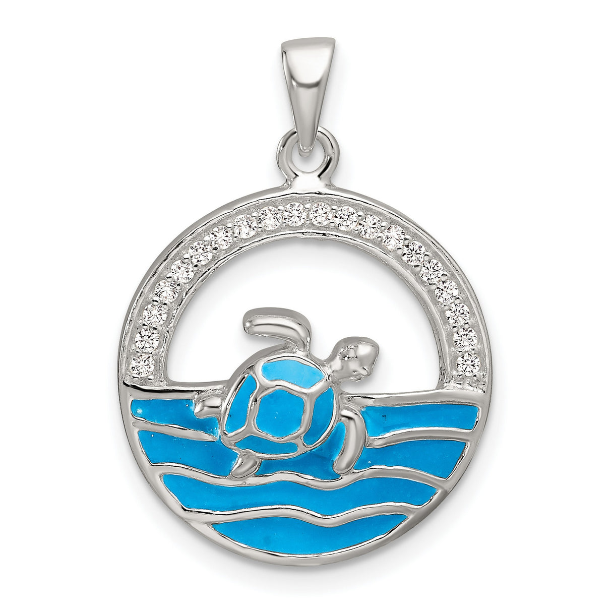 Sterling Silver Sea Turtle Pendant with Cubic Zirconia and Blue Enamel Wave Design