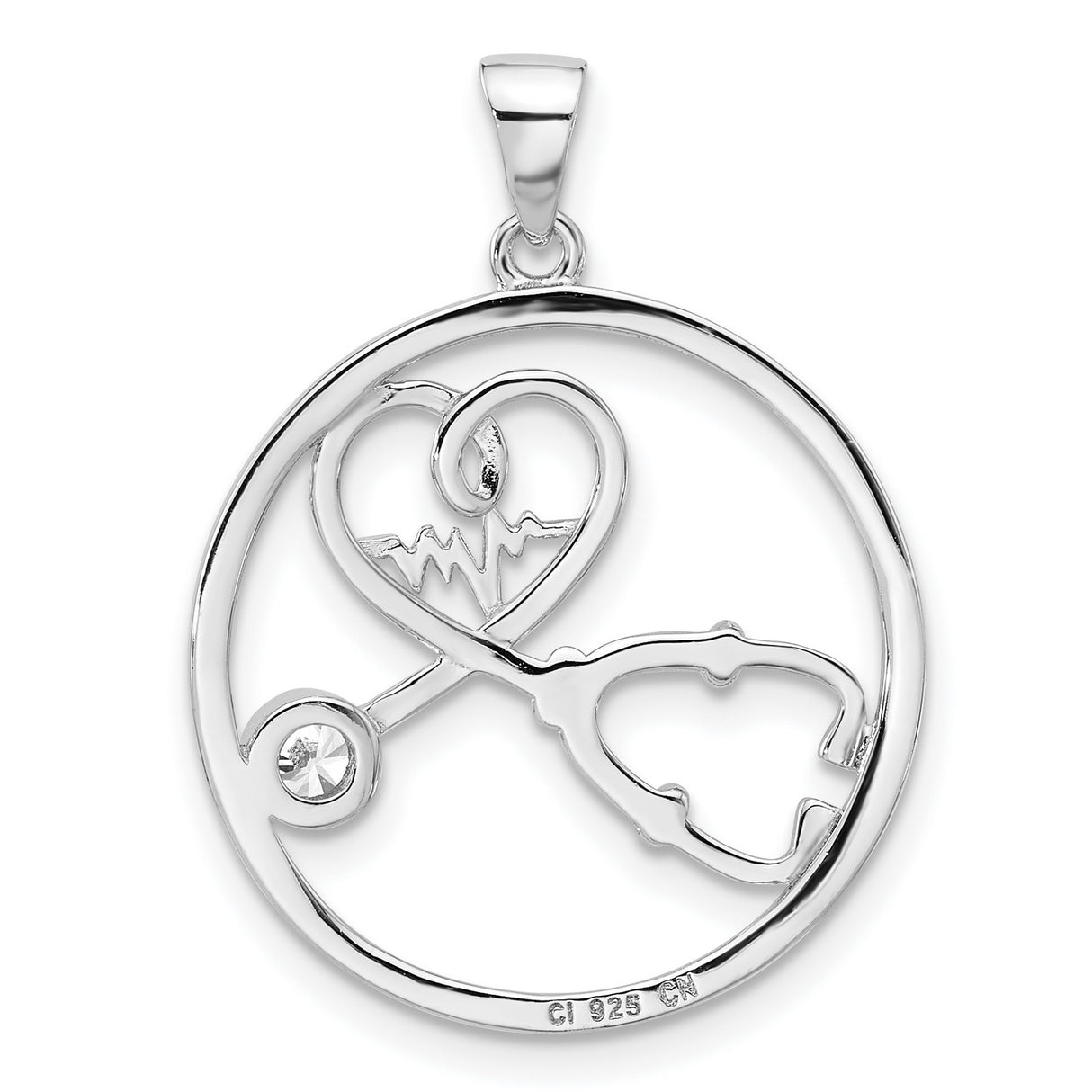 Sterling Silver Heart Stethoscope Pendant with Cubic Zirconia, EKG Line, Medical Charm