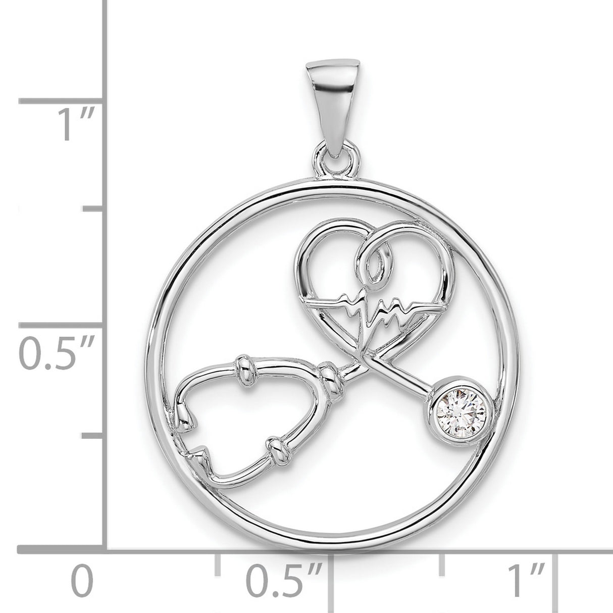 Sterling Silver Heart Stethoscope Pendant with Cubic Zirconia, EKG Line, Medical Charm