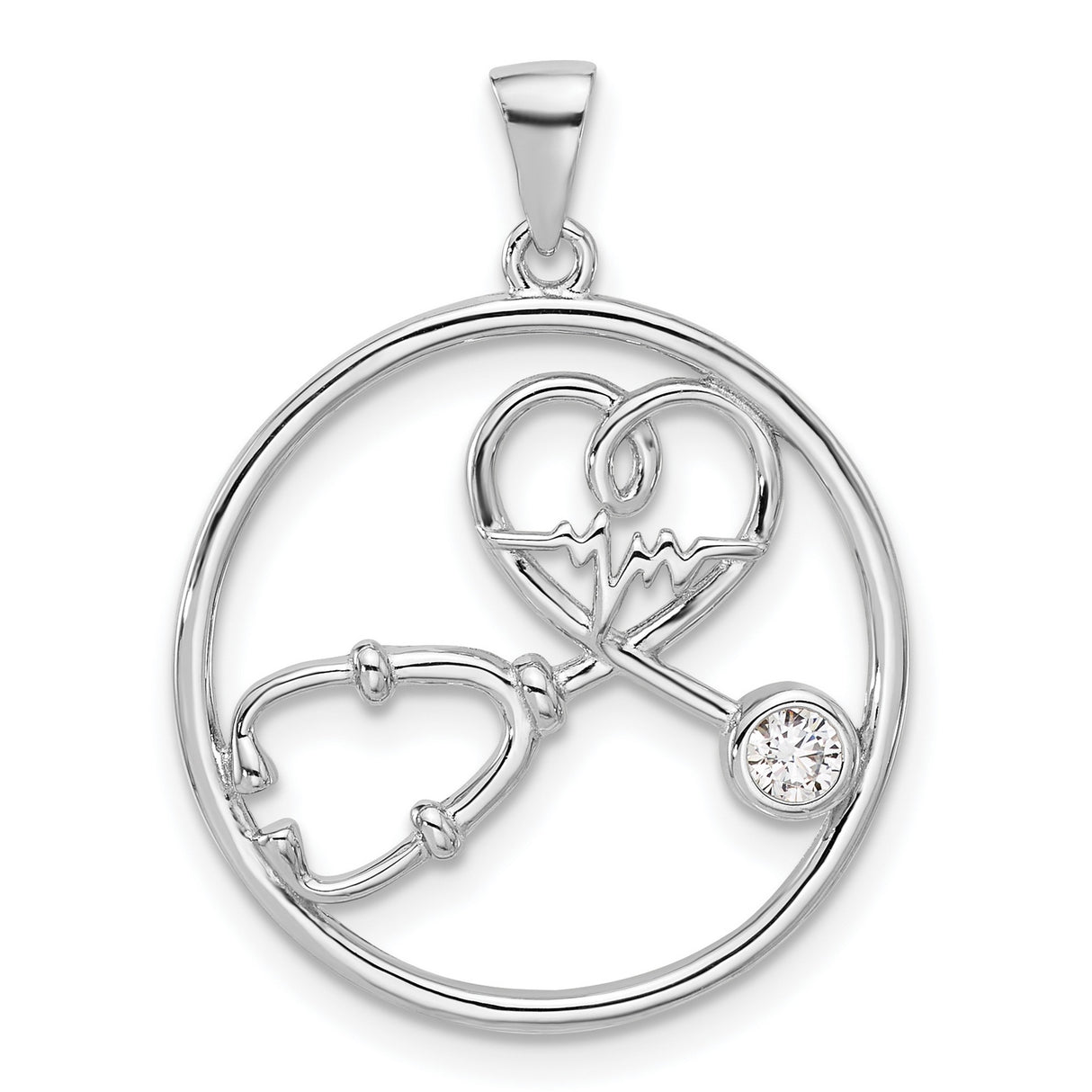 Sterling Silver Heart Stethoscope Pendant with Cubic Zirconia, EKG Line, Medical Charm