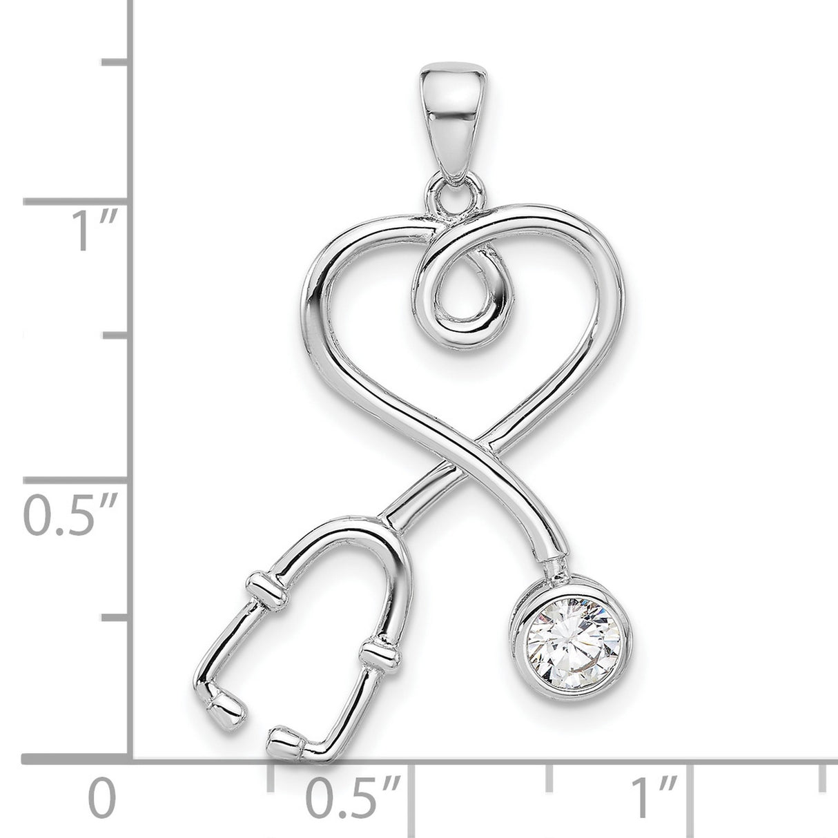 Sterling Silver Heart Stethoscope Pendant with Cubic Zirconia Accent, Medical Theme Jewelry