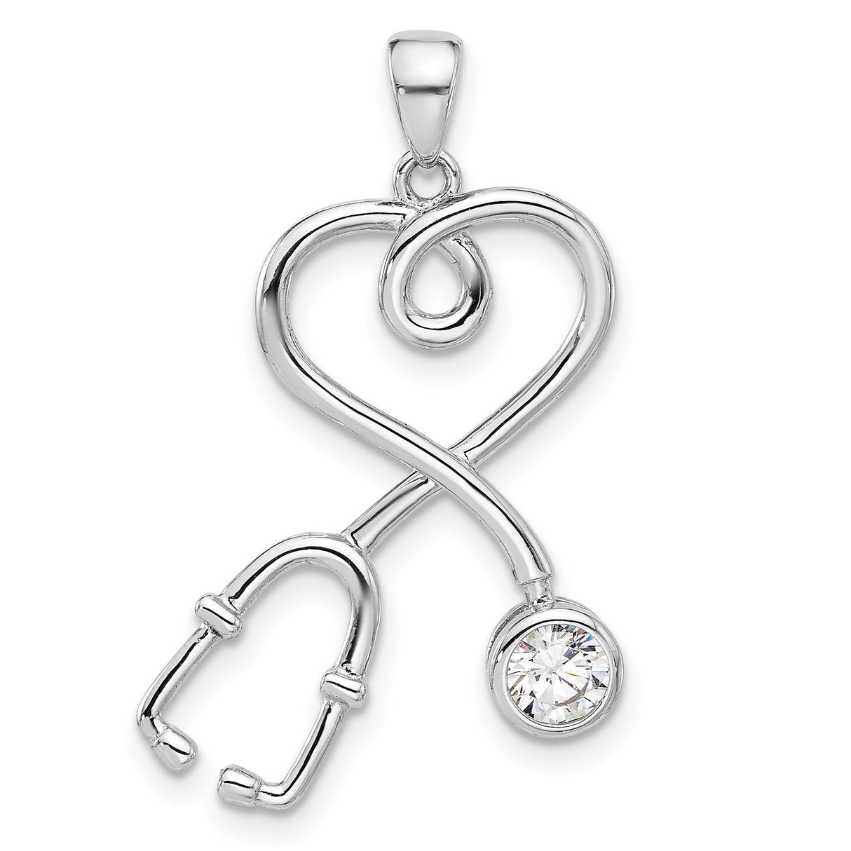 Sterling Silver Heart Stethoscope Pendant with Cubic Zirconia Accent, Medical Theme Jewelry