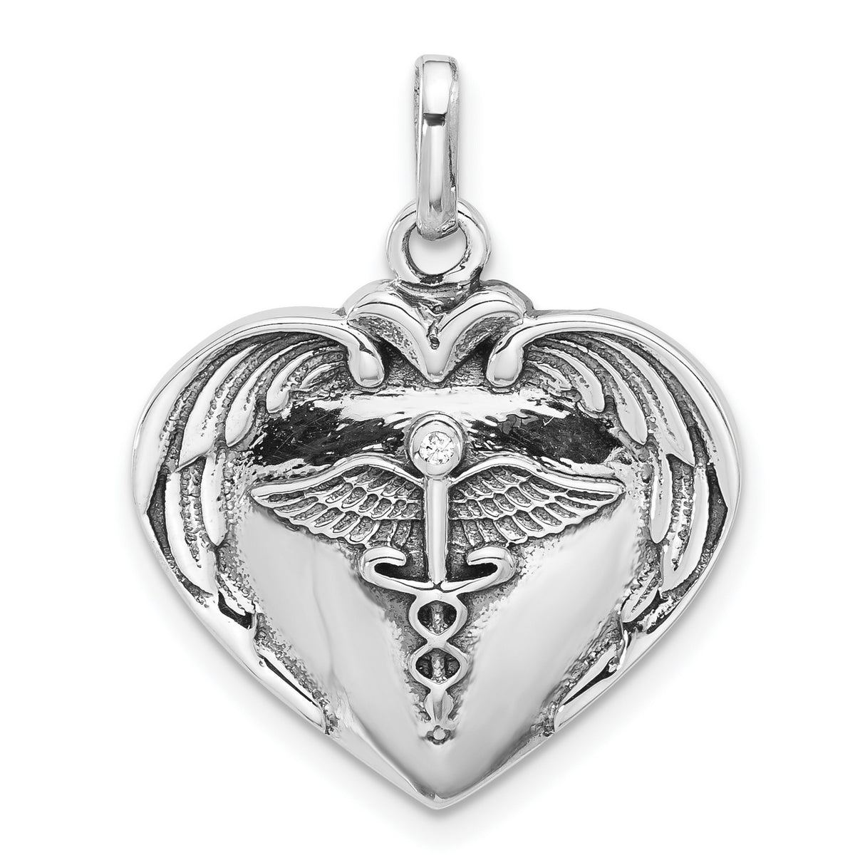 Sterling Silver Heart Pendant with Caduceus Symbol and Wings, Medical Jewelry for Women