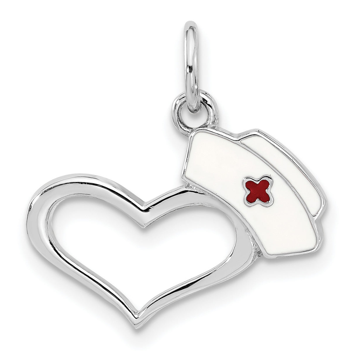 Sterling Silver Nurse Heart Pendant with Open Heart and Enamel Red Cross Cap