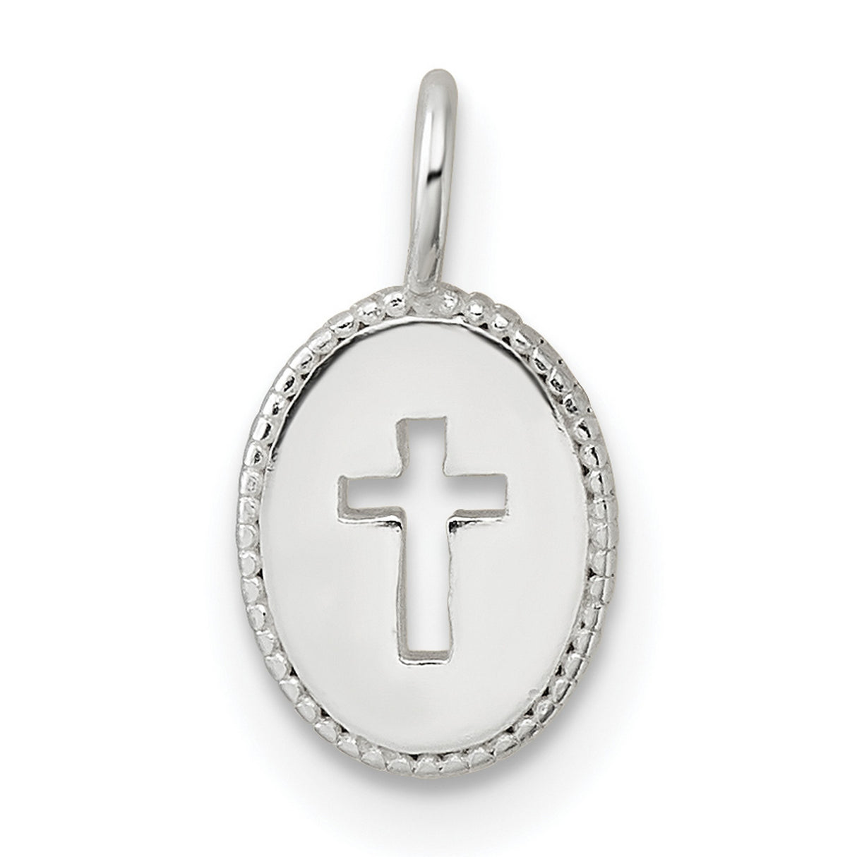 Sterling Silver Oval Cross Pendant with Beaded Edge and Textured Border