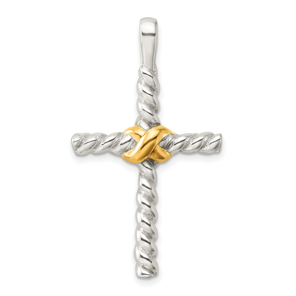 Sterling Silver Cross Pendant with Yellow Gold Accent, Rope Texture and Layered Design