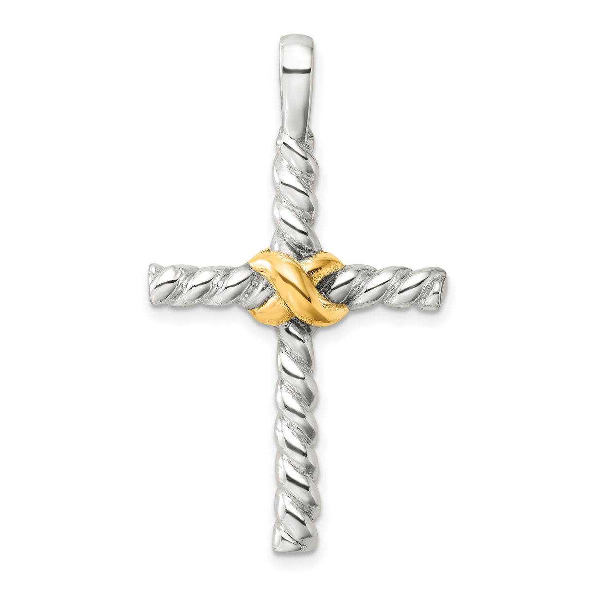 Sterling Silver Cross Pendant with Yellow Gold Accent, Rope Texture and Layered Design