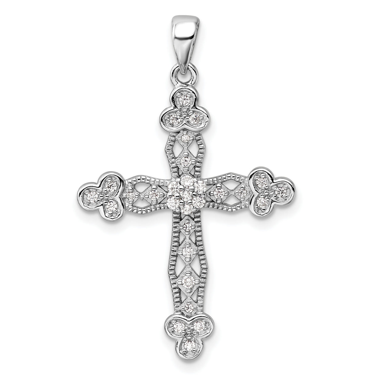 Sterling Silver Cross Pendant with Cubic Zirconia and Ornate Filigree Design