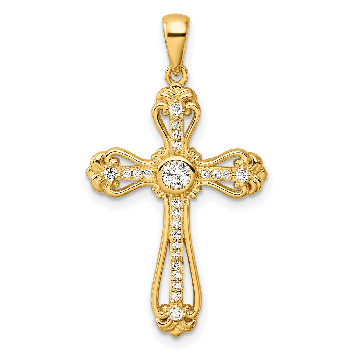 Sterling Silver Cross Pendant with Cubic Zirconia, Filigree and Scrollwork Design