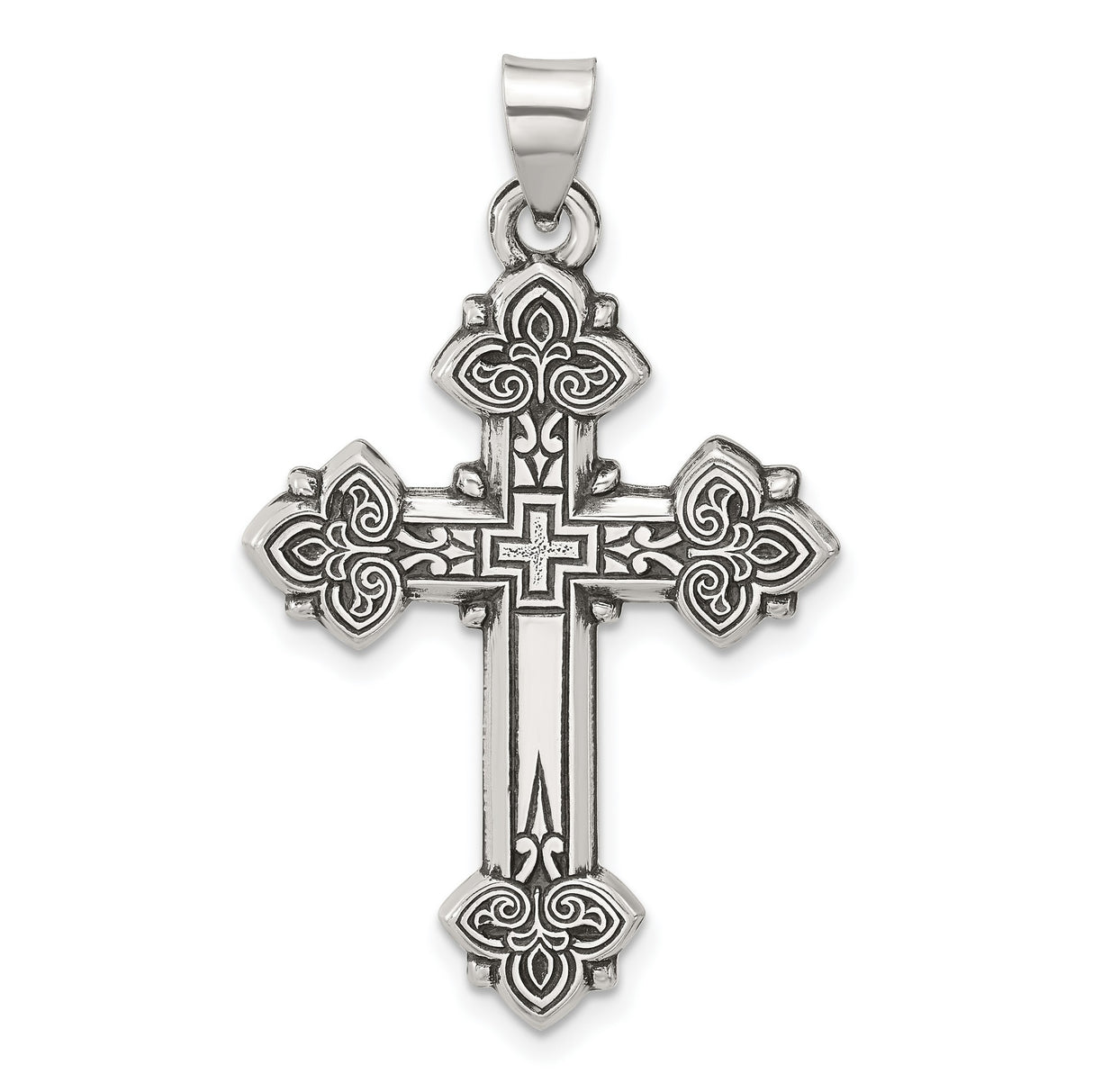 Sterling Silver Cross Pendant with Fleur De Lis, Oxidized Floral and Geometric Design