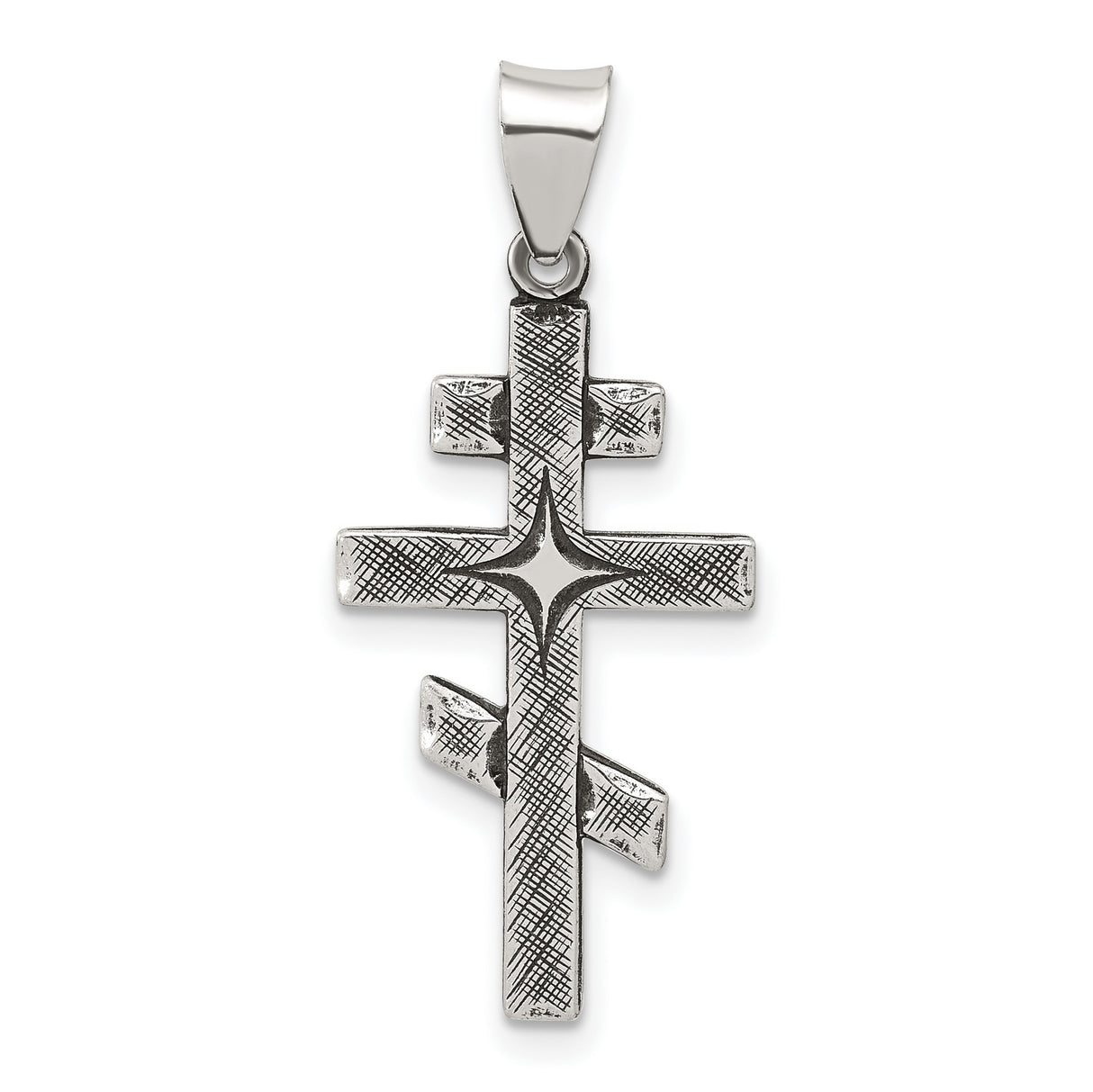 Sterling Silver Orthodox Cross Pendant with Antiqued Textured Engraving, Religious Symbol