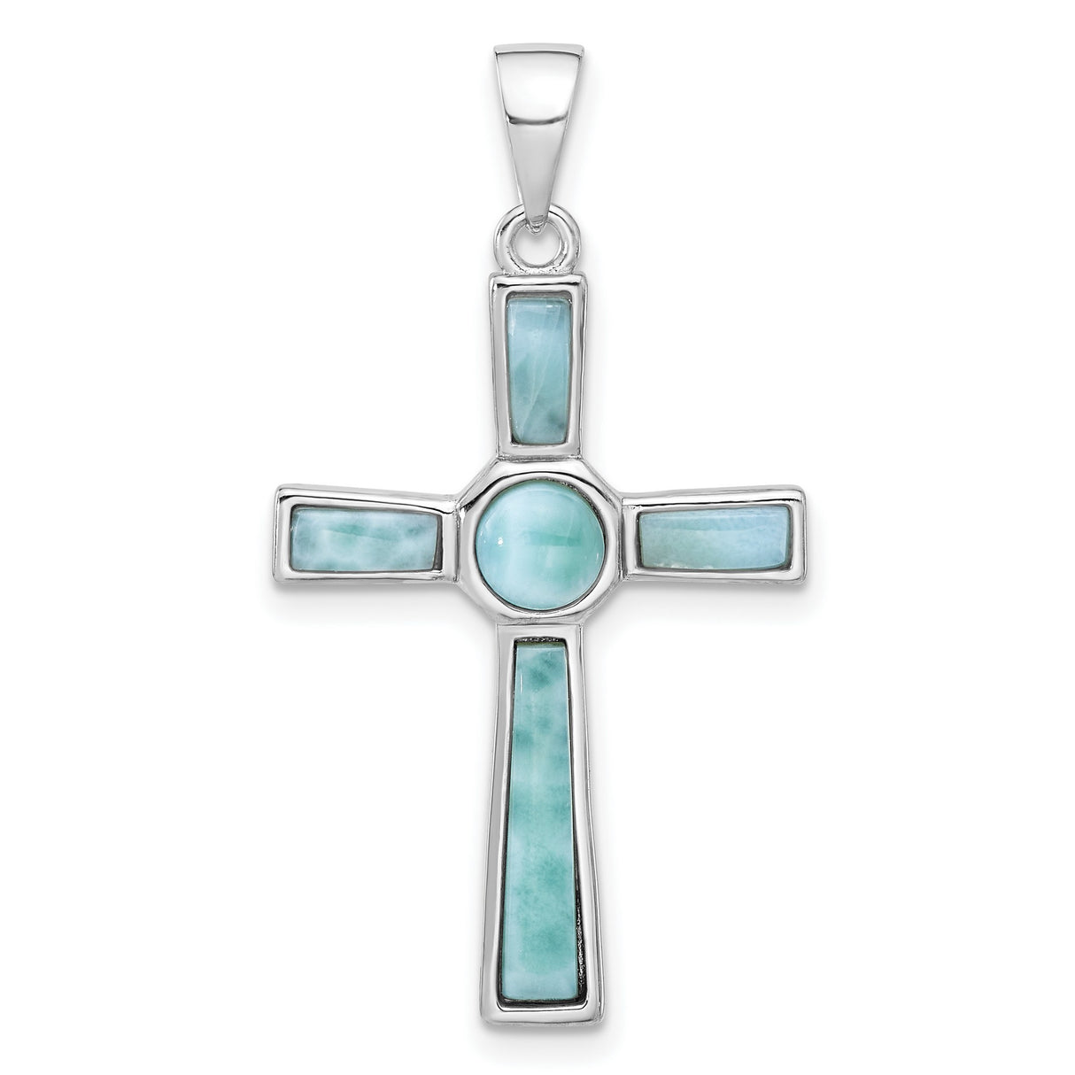 Sterling Silver Cross Pendant with Larimar Cabochon, Modern Spiritual Design for Men and Women
