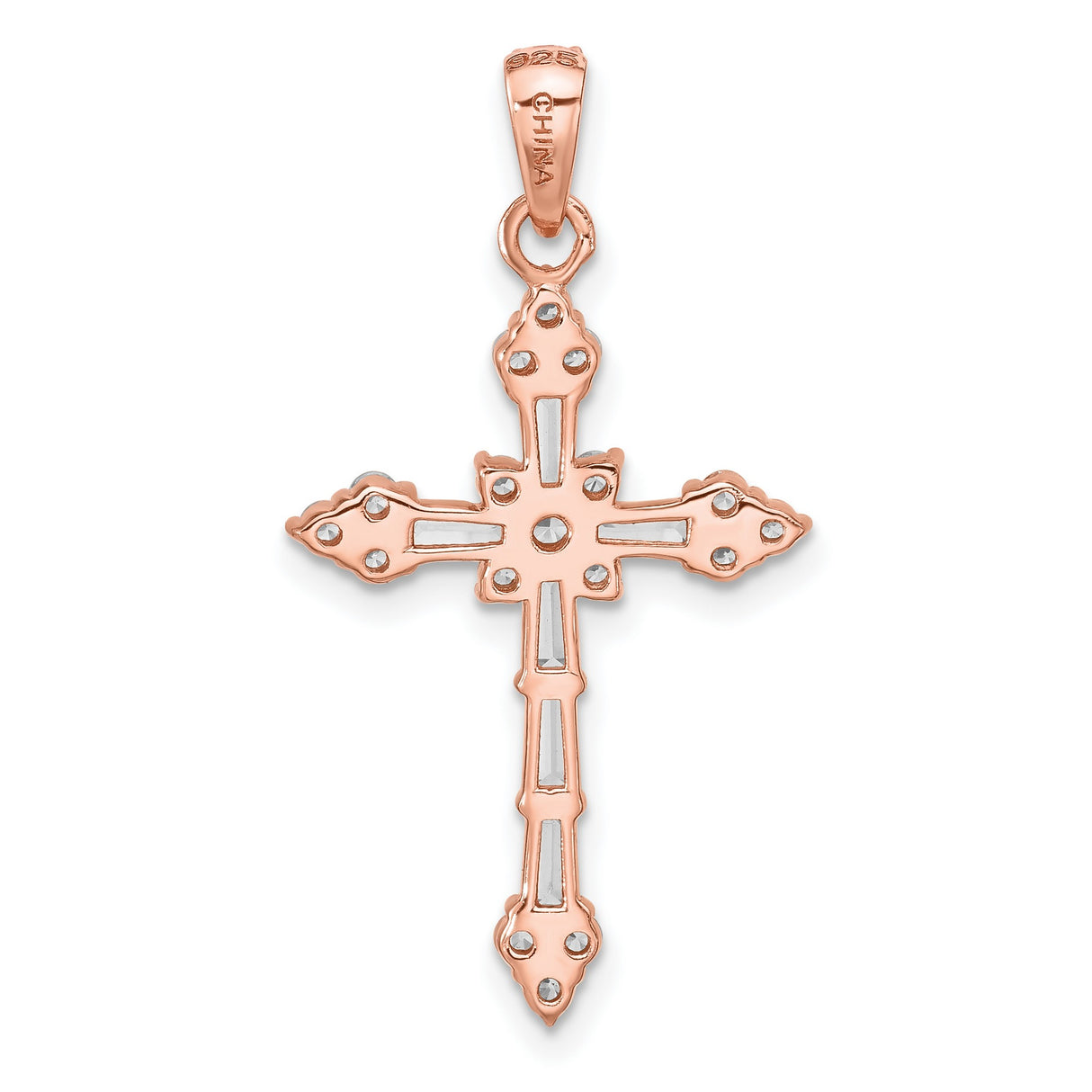 Sterling Silver Cross Pendant with Cubic Zirconia, Rose Gold Accents, Modern Religious Design