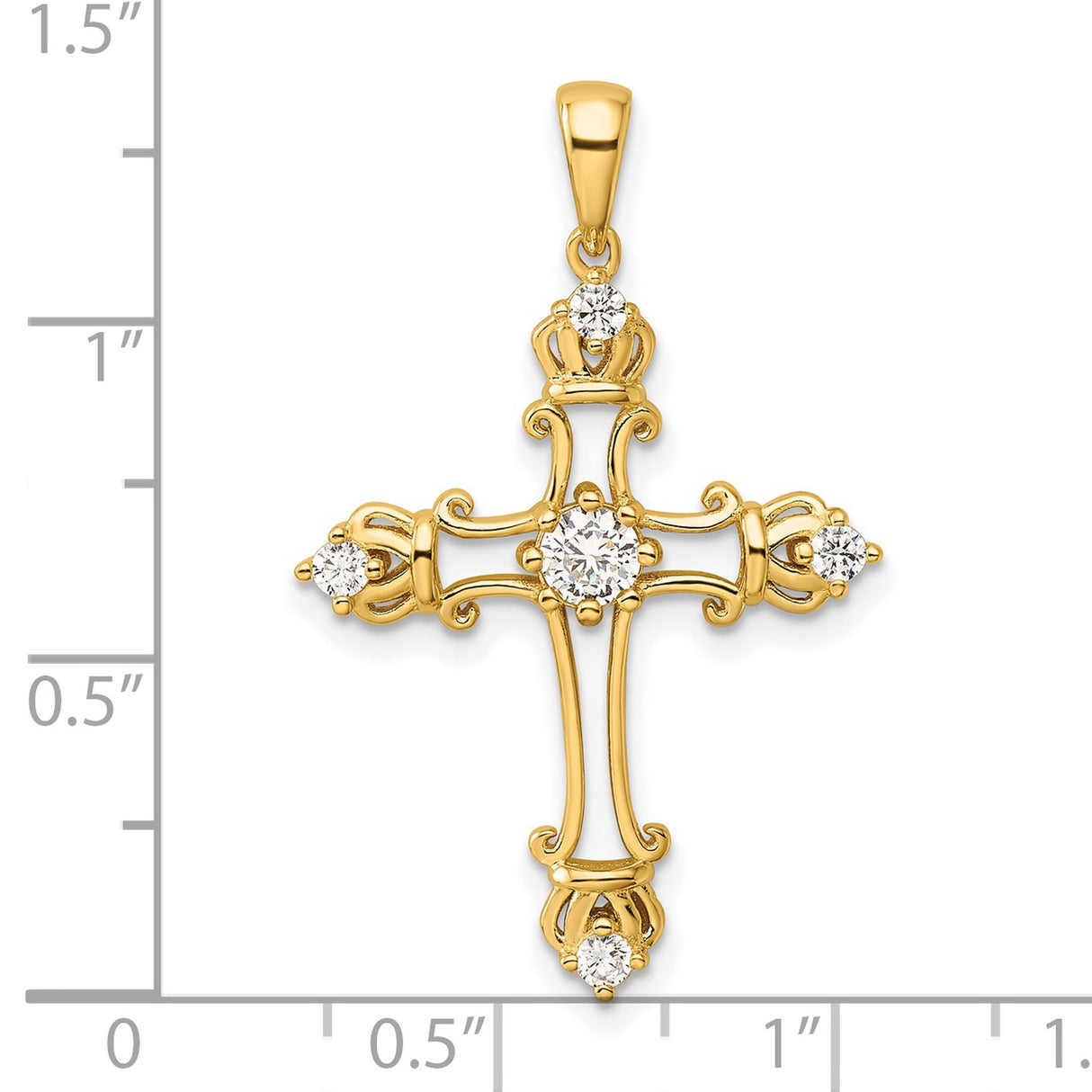 Sterling Silver Cross Pendant with Cubic Zirconia, Baroque Crown and Scrollwork Design