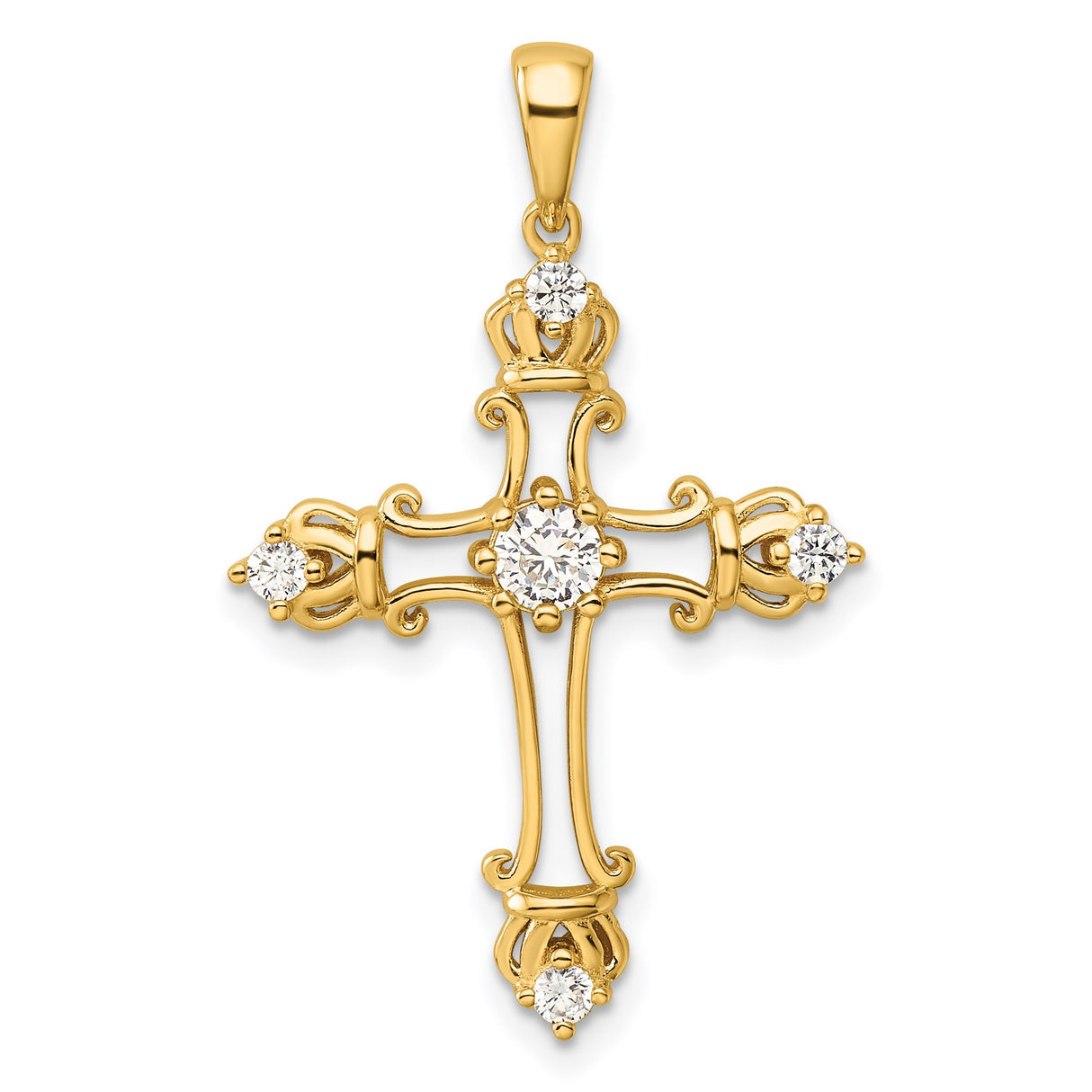 Sterling Silver Cross Pendant with Cubic Zirconia, Baroque Crown and Scrollwork Design