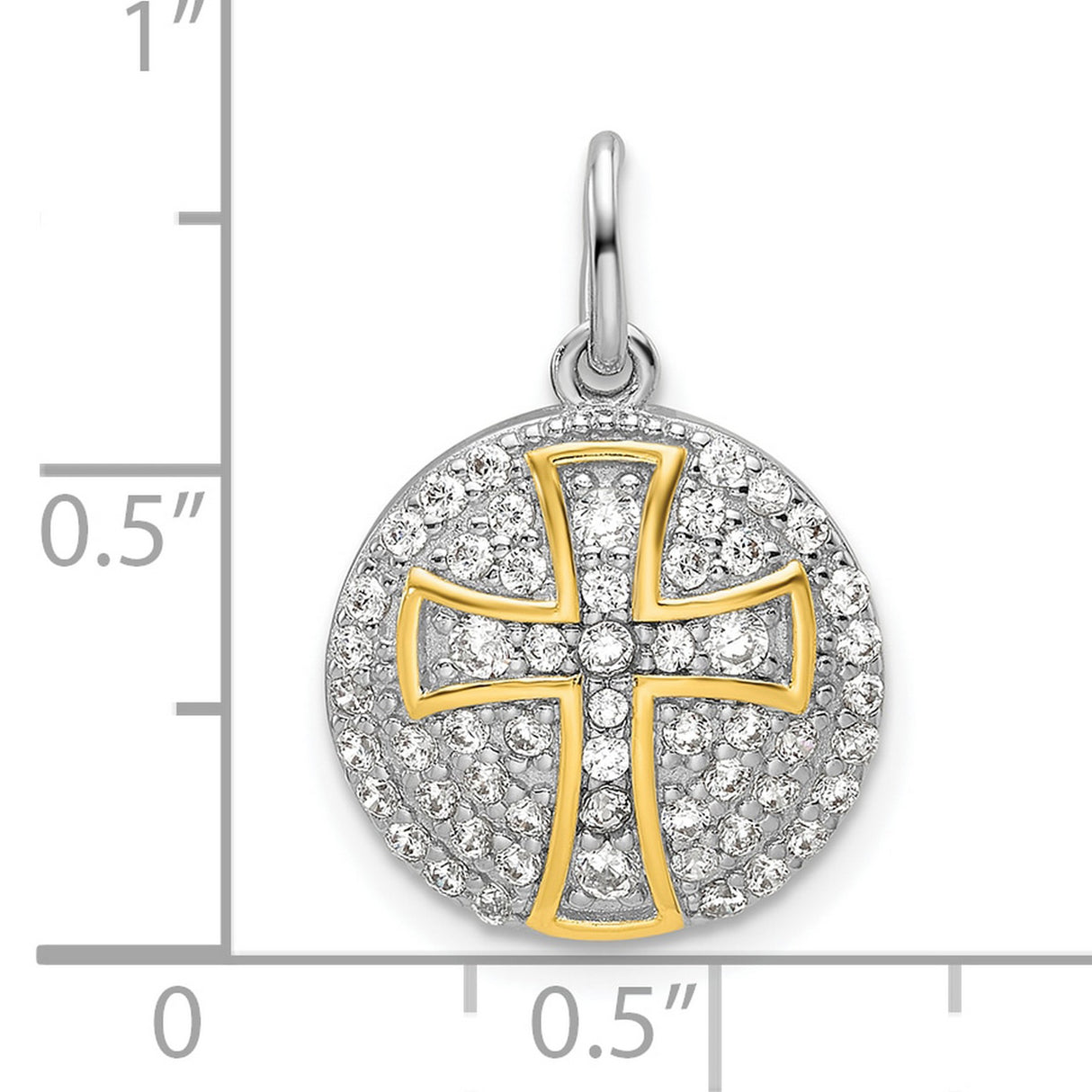 Sterling Silver Cross Pendant with Cubic Zirconia, Gold and Silver Tone, Flared Religious Design