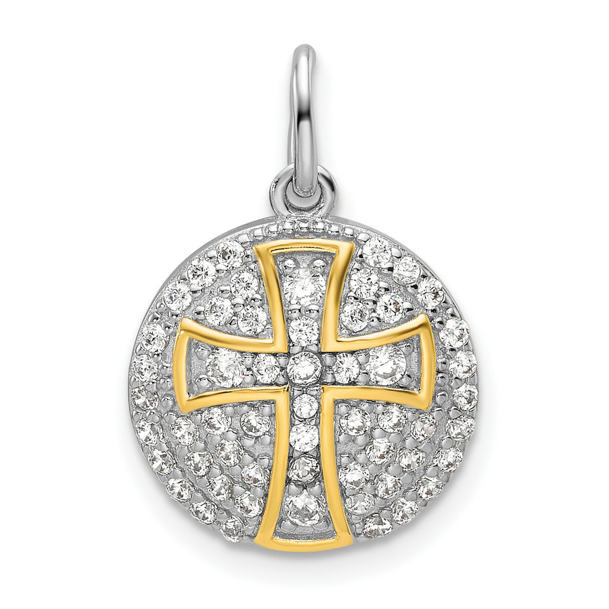 Sterling Silver Cross Pendant with Cubic Zirconia, Gold and Silver Tone, Flared Religious Design