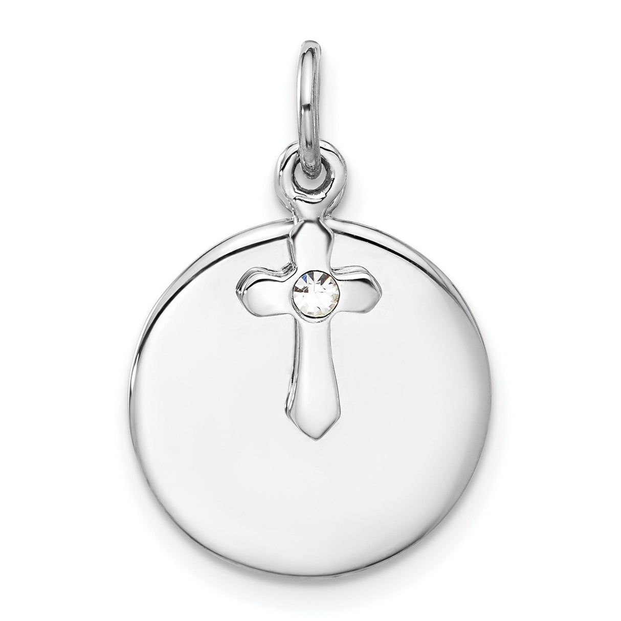 Sterling Silver Cross Pendant with Crystal, Round Disc Charm, Minimalist Religious Jewelry