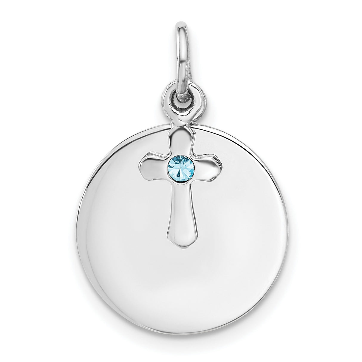 Sterling Silver Cross Pendant with Blue Crystal, Polished Round Disk, Unisex Religious Jewelry