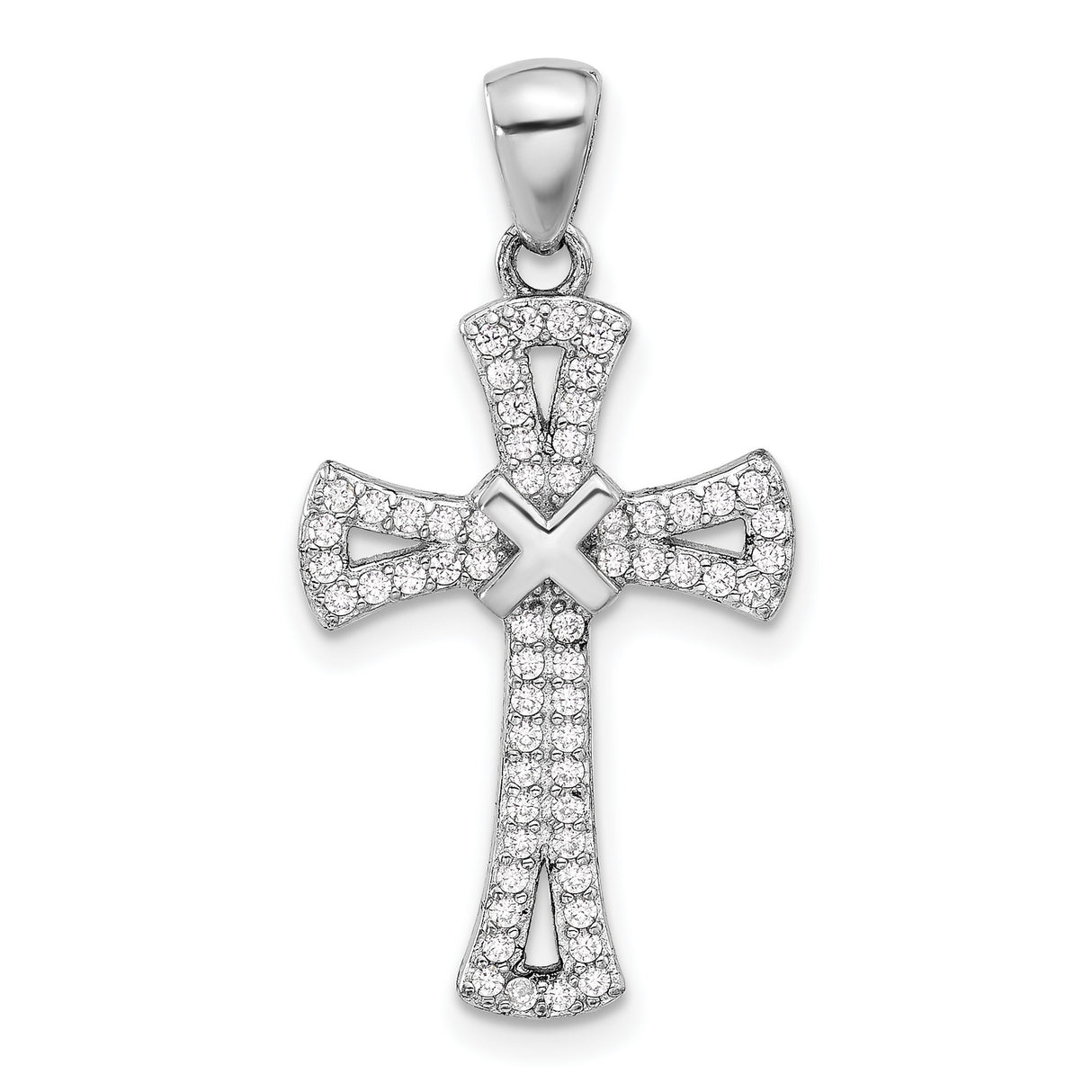 Sterling Silver Latin Cross Pendant with Cubic Zirconia, Polished Modern Design, Unisex Jewelry
