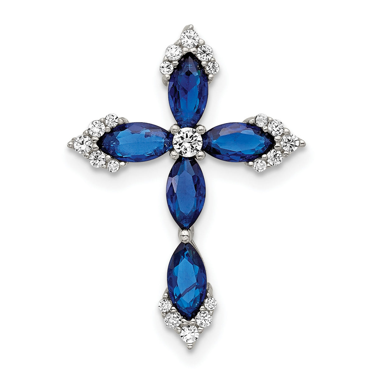 Sterling Silver Cross Pendant with Cubic Zirconia and Simulated Blue Spinel, Spiritual Design