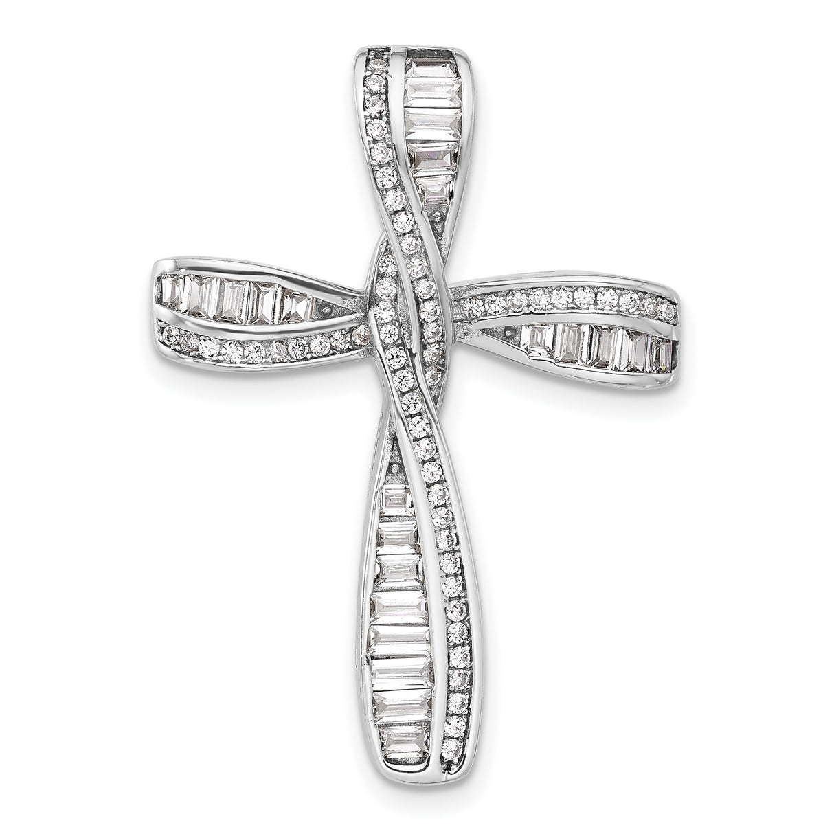 Sterling Silver Cross Pendant with Cubic Zirconia Baguette and Round Channel Set Design
