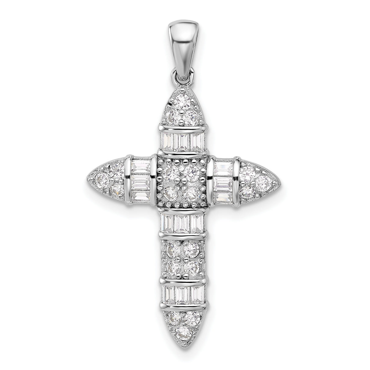 Sterling Silver Cross Pendant with Cubic Zirconia, Bold Vertical Religious Design, Unisex