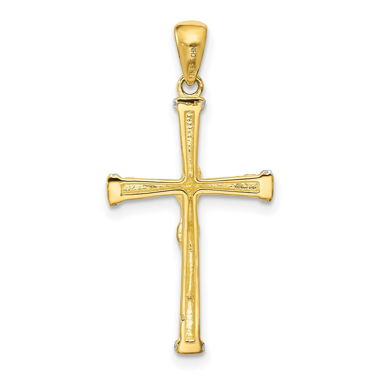 Sterling Silver Crucifix Cross Pendant with Cubic Zirconia and Bamboo Texture Design
