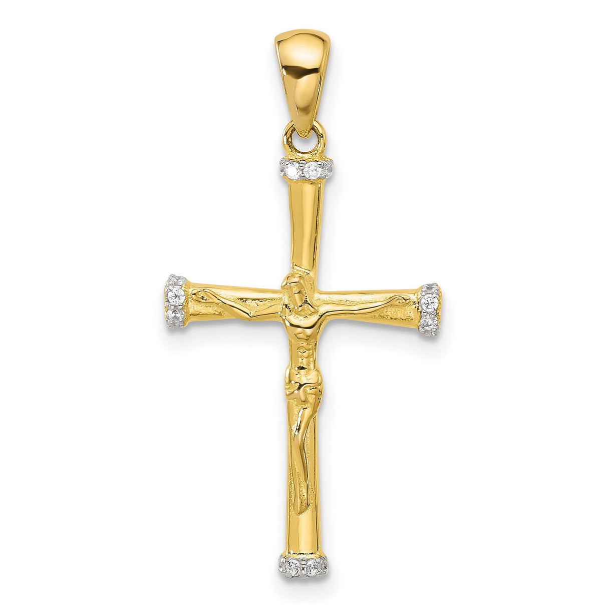 Sterling Silver Crucifix Cross Pendant with Cubic Zirconia and Bamboo Texture Design